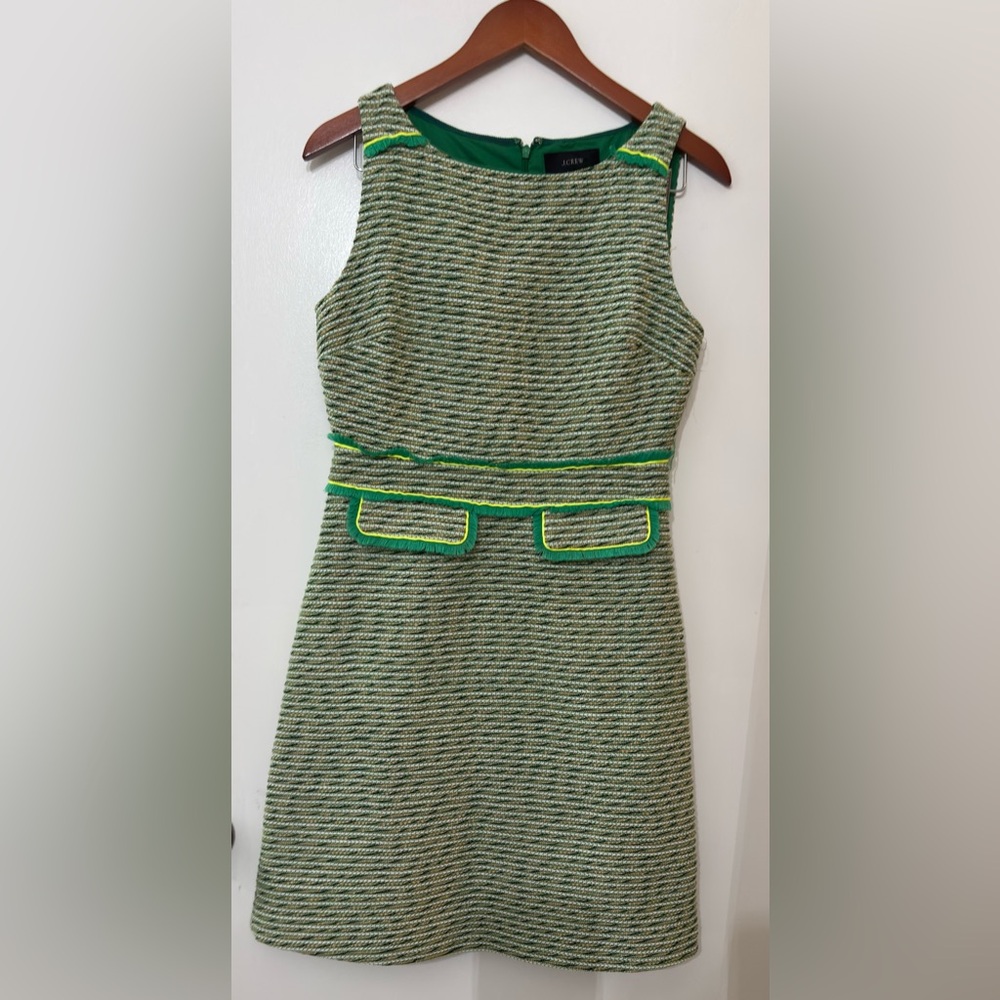 J. Crew Women Tweed Green Sleeveless Dress With Neon Piping Size 4 Career Office